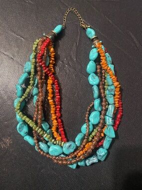Multistrand Turquoise Bead Statement Necklace - Boho Colorful Layers
